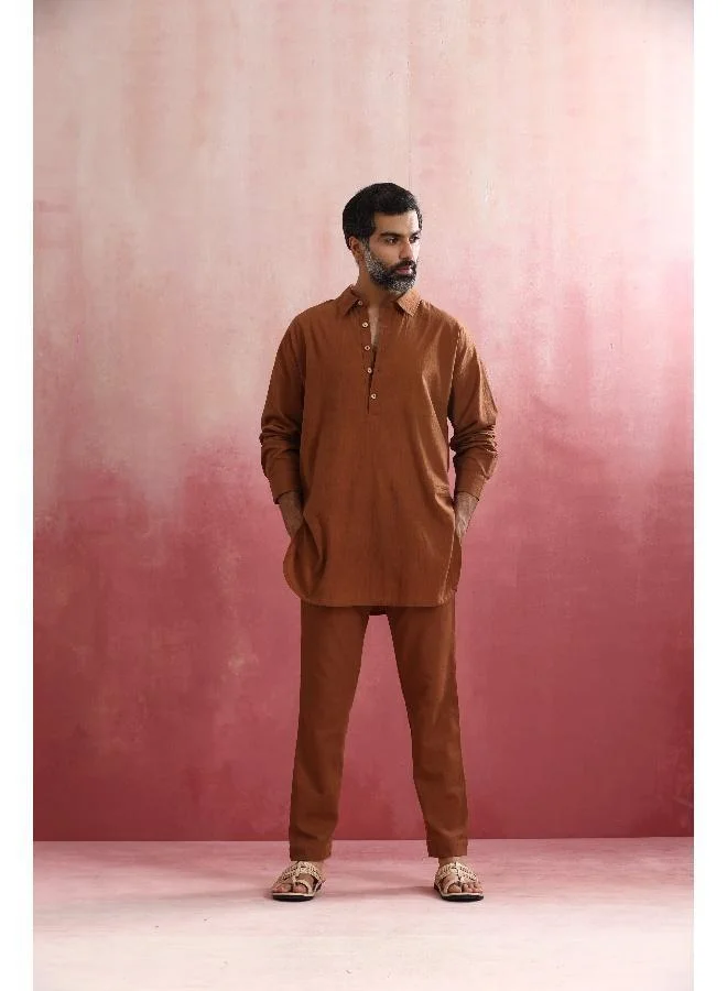 ترو برونز Men's Brown Cotton Shirt Collar Stylized Kurta Co-ord set
