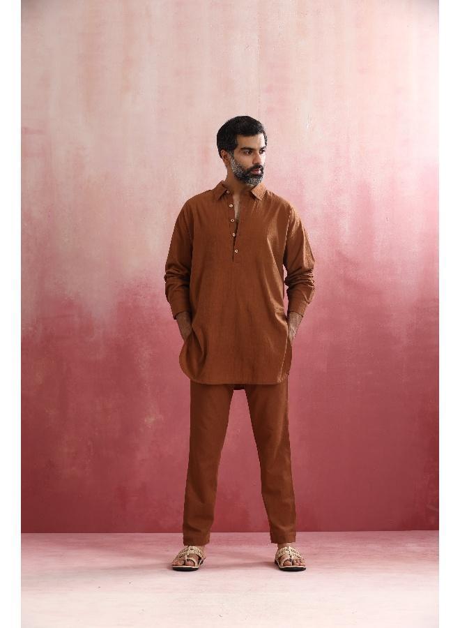 ترو برونز Men's Brown Cotton Shirt Collar Stylized Kurta Co-ord set  - Image 3
