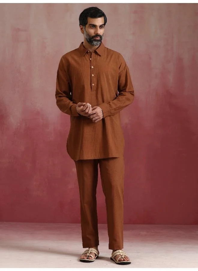 ترو برونز Men's Brown Cotton Shirt Collar Stylized Kurta Co-ord set