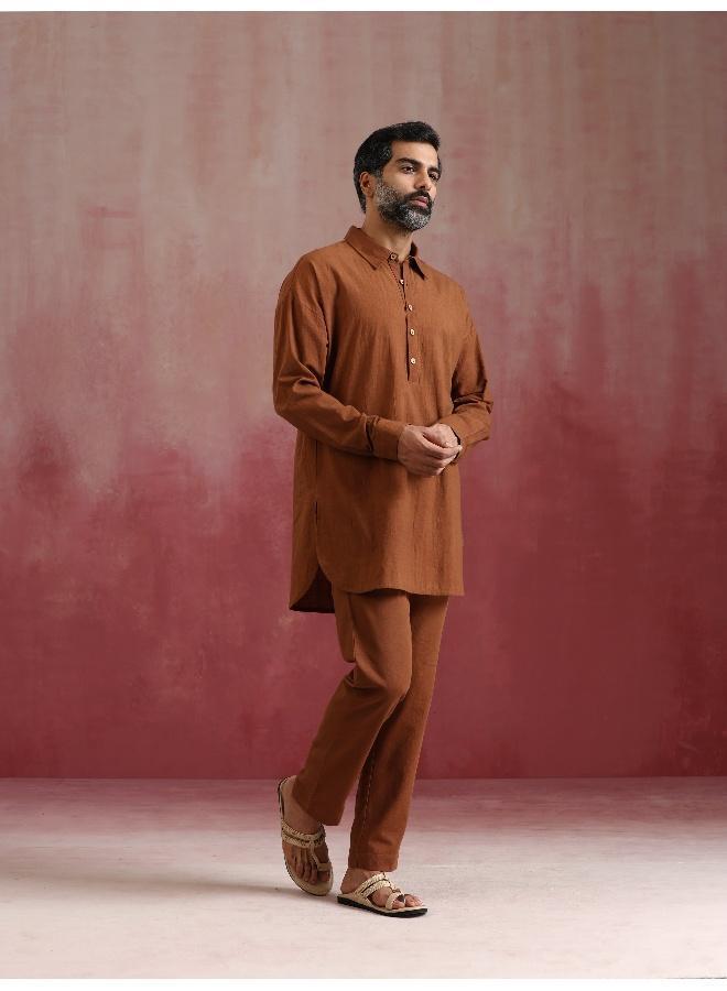 ترو برونز Men's Brown Cotton Shirt Collar Stylized Kurta Co-ord set  - Image 2