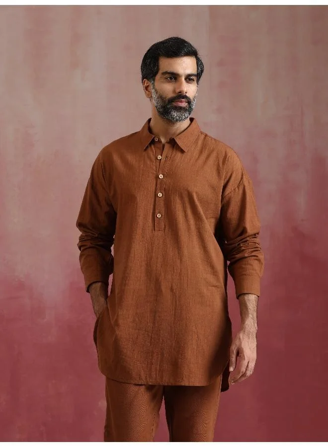 ترو برونز Men's Brown Cotton Shirt Collar Stylized Kurta Co-ord set