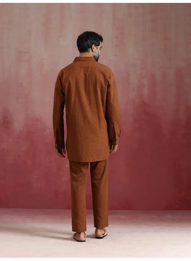 ترو برونز Men's Brown Cotton Shirt Collar Stylized Kurta Co-ord set