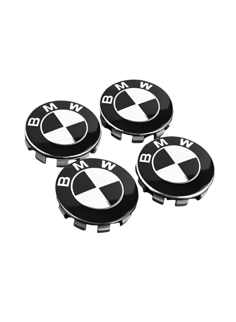 بي إم دبليو غطاء مركز العجلات 68 ملم (4 قطع) لسيارات BMW | غطاء أسود لامع مع شعار أسود وأبيض | أغطية قابلة للتركيب من مادة ABS المتينة | أغطية استبدال لحواف العجلات - Image 1