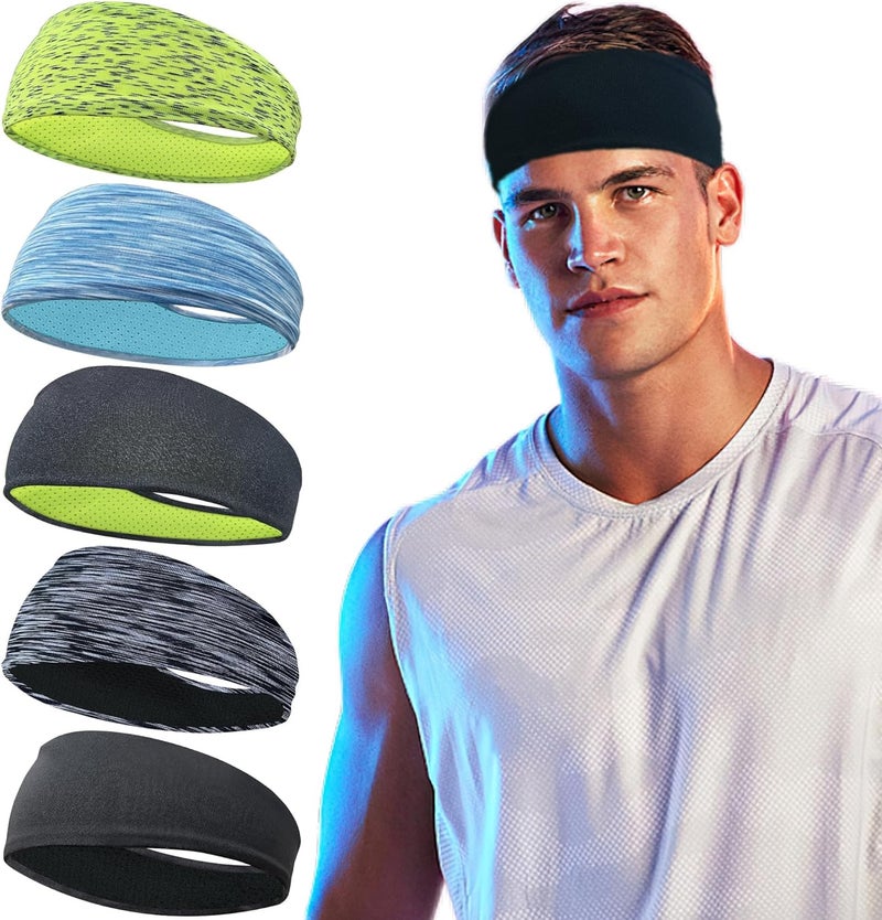 NALACAL 5 قطع عصابة رأس رياضية للرجال، عصابة عرق للرجال، عصابة رأس رياضية للجري، ركوب الدراجات، كرة السلة، اليوغا، تمارين اللياقة البدنية، مطاطية قابلة للتمدد، تصميم شبكي قابل للتنفس، قابلة لإعادة الاستخدام والغسيل - Image 1