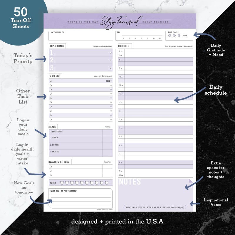Goody Farm Daily Notepad Planner Schedule To Do List - Stay Focused 50 Tear Off Premium USA (Purple Taro) - Image 4
