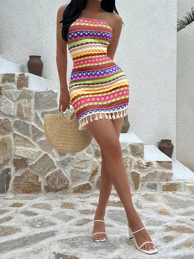 Multicolor Western Style Sexy Women'S Vacation Strapless Waist-Cinching Tassel Patchwork Dress - Image 4