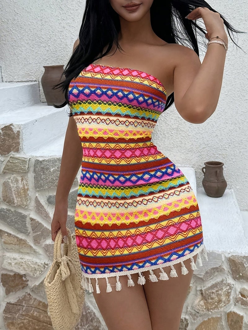Multicolor Western Style Sexy Women'S Vacation Strapless Waist-Cinching Tassel Patchwork Dress - Image 3