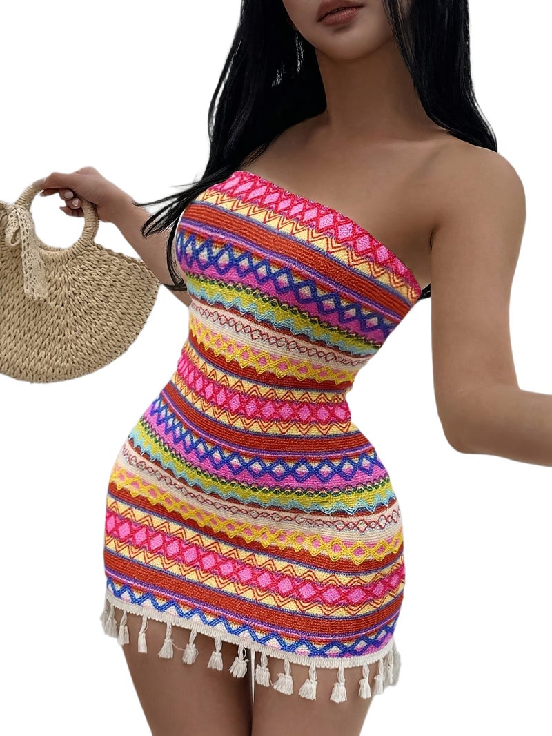 Multicolor Western Style Sexy Women'S Vacation Strapless Waist-Cinching Tassel Patchwork Dress - Image 1