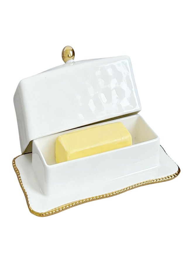 HAN SHENG Ceramic Butter Dish with Lid - Airtight Keeper Countertop Storage Container, Fits East West Coast Butter (3.5" & 4.8" Sticks), Elegant White Kitchen Decor & Gift - Image 1