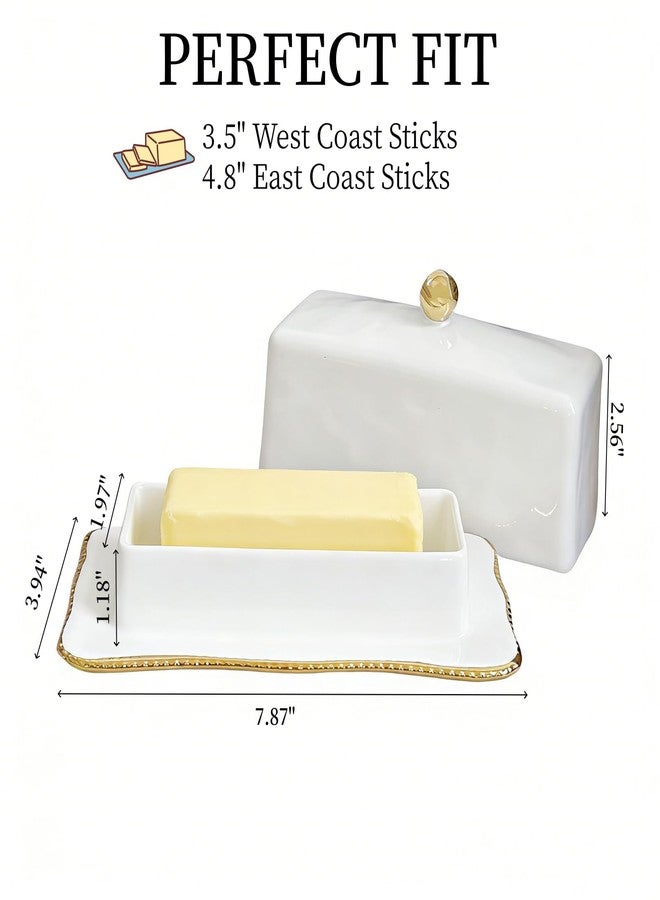 HAN SHENG Ceramic Butter Dish with Lid - Airtight Keeper Countertop Storage Container, Fits East West Coast Butter (3.5" & 4.8" Sticks), Elegant White Kitchen Decor & Gift - Image 2