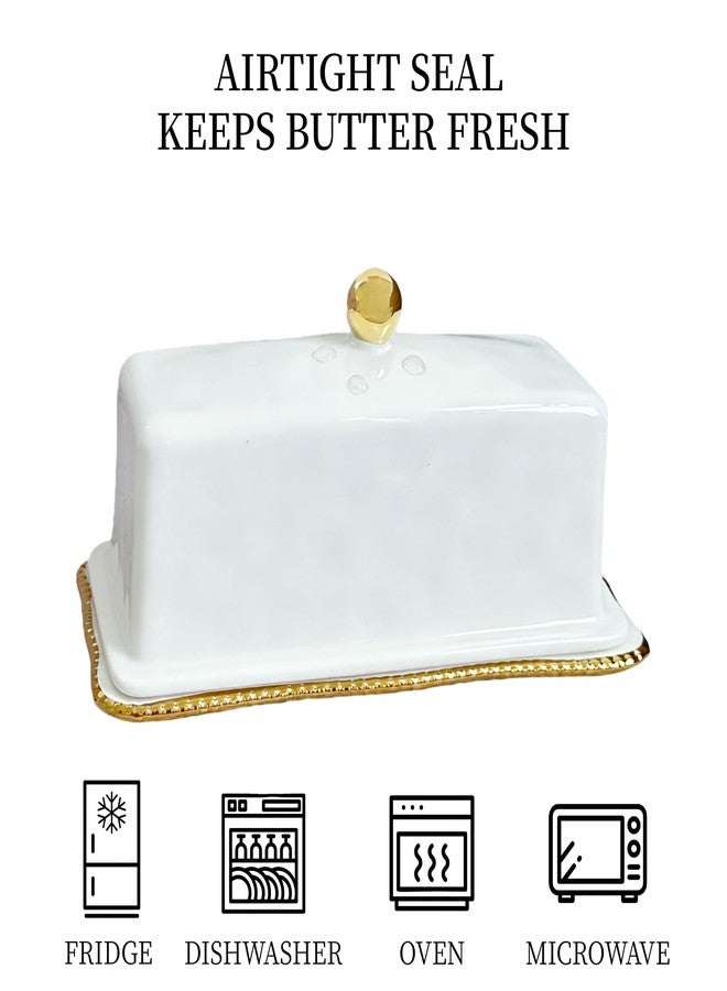 HAN SHENG Ceramic Butter Dish with Lid - Airtight Keeper Countertop Storage Container, Fits East West Coast Butter (3.5" & 4.8" Sticks), Elegant White Kitchen Decor & Gift - Image 3