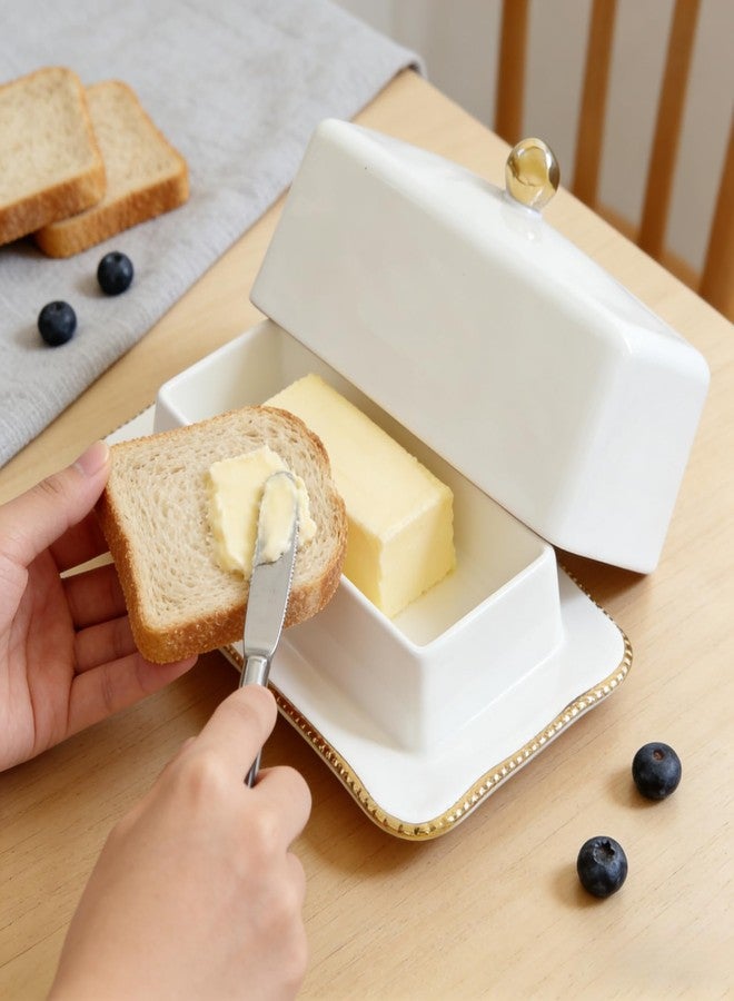 HAN SHENG Ceramic Butter Dish with Lid - Airtight Keeper Countertop Storage Container, Fits East West Coast Butter (3.5" & 4.8" Sticks), Elegant White Kitchen Decor & Gift - Image 5