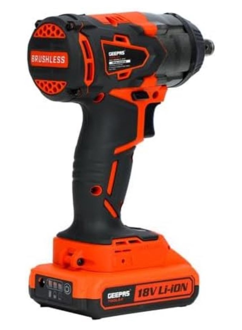 Geepas 18V 1/2" Drive Cordless Impact Wrench|GIW1820BLC-240|Cordless Impact Wrench with 2 Li Batteries| Fast Charging| BL Motor| Maximum Fastening Torque|350 NM|LED Light| Red - Image 3