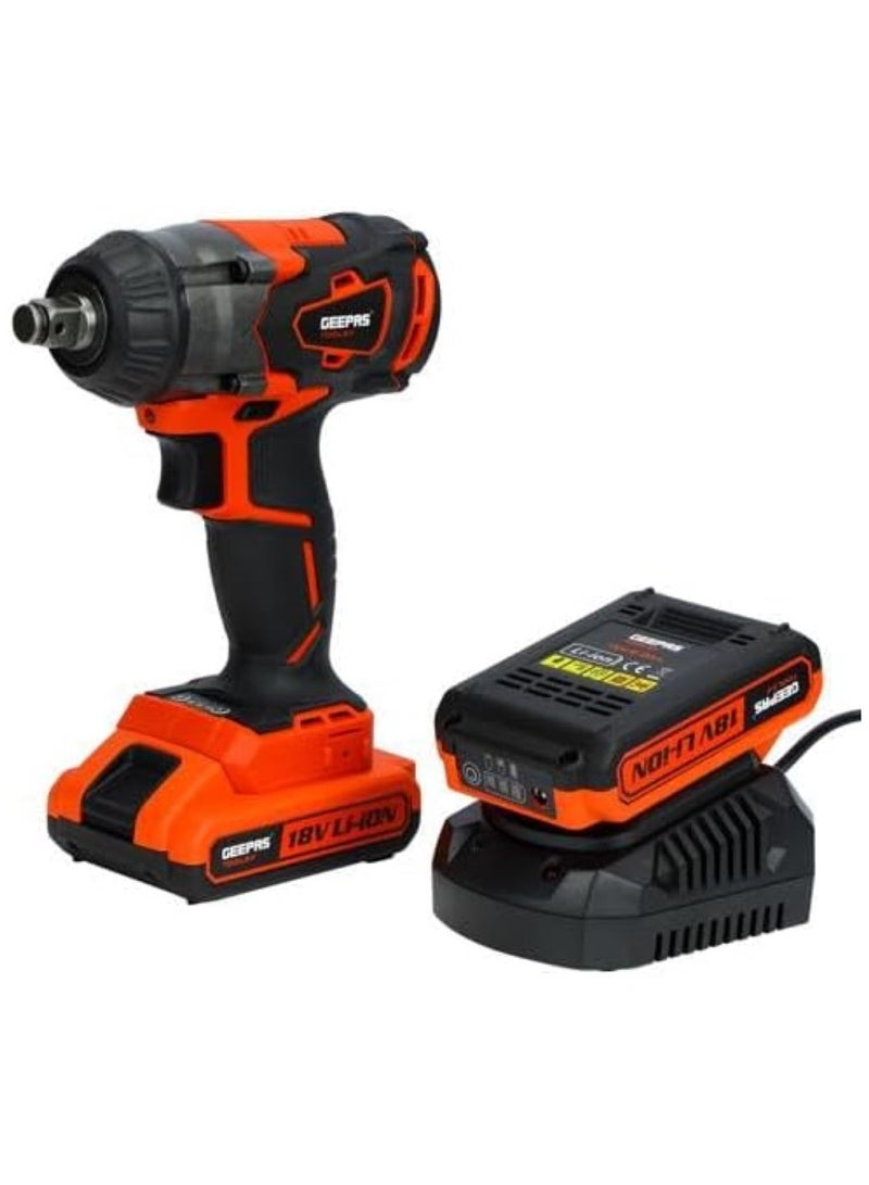 Geepas 18V 1/2" Drive Cordless Impact Wrench|GIW1820BLC-240|Cordless Impact Wrench with 2 Li Batteries| Fast Charging| BL Motor| Maximum Fastening Torque|350 NM|LED Light| Red - Image 1