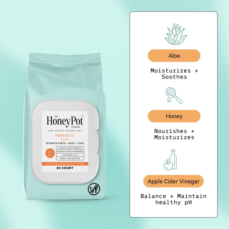 The Honey Pot Company - Prebiotic Feminine Wipes - Daily PH Balancing, Fragrance & Sulfate Free Wipes for Intimate Parts, Body, or Face - Hygiene Products - 30 ct. - Image 2