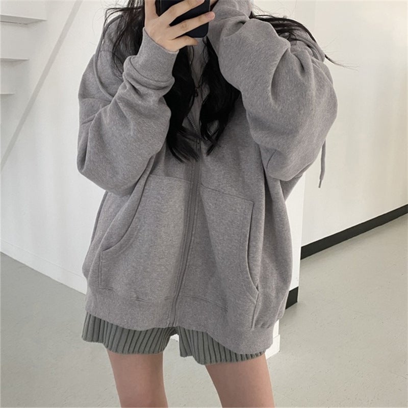 Euro-American Hoodie Zip Cardigan Casual Womens Grey  - Image 3