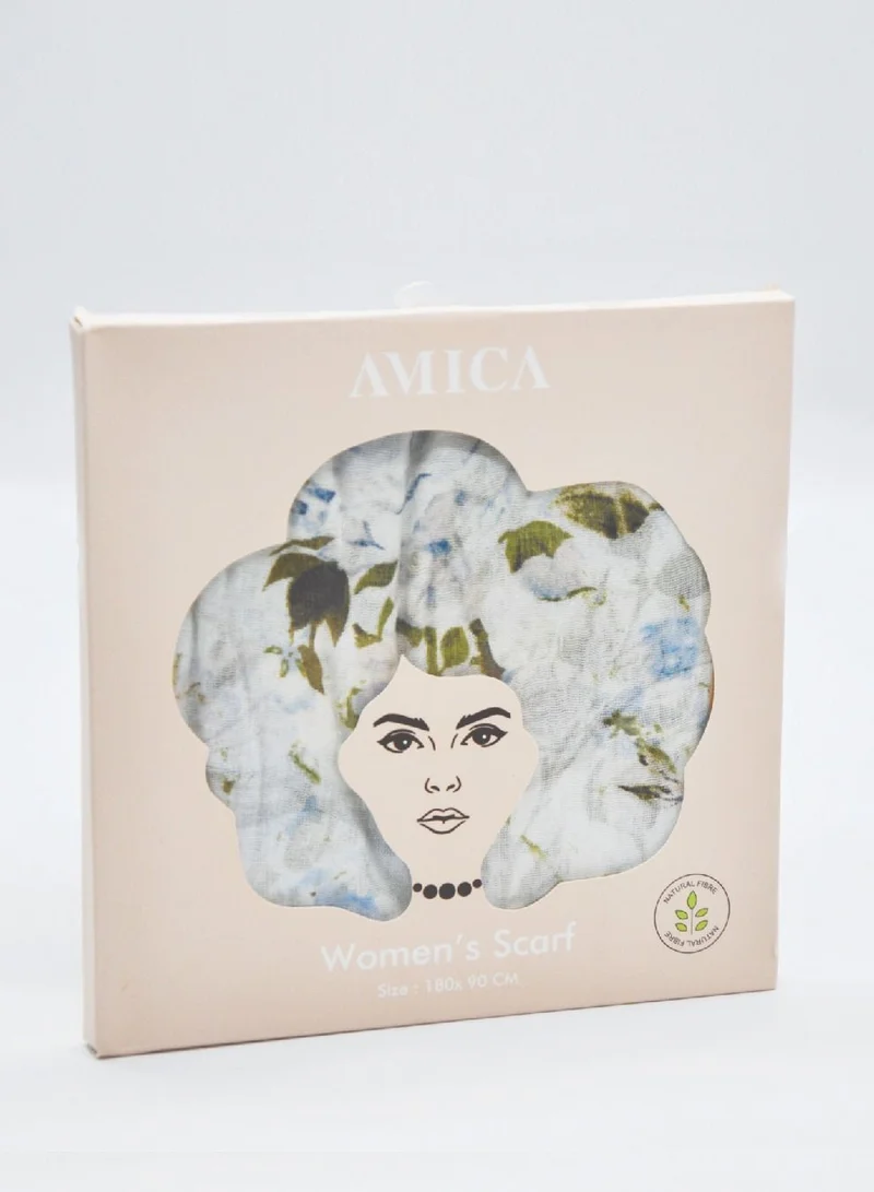 AMICA  AMICA Floral Printed Hijab Soft Natural Fiber Long Head Scarf for Women-Blue  | Best Price UAE