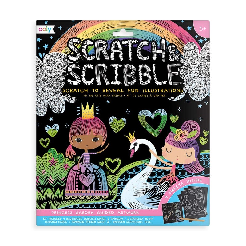 طقم فنون Ooly Scratch Scribble 10 قطع مع 8 بطاقات خدش إجمالية 4 مصورة 2 فارغة 2 قوس قزح مع أداة خدش وملصقات متلألئة للأطفال من عمر 6 سنوات حديقة الأميرة