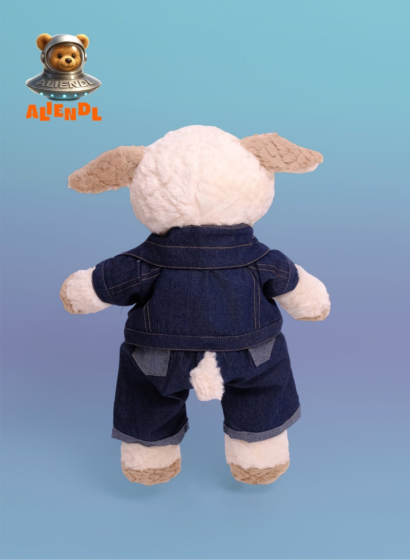 ALIENDL Happy Lamb – Plush Lamb Sheep Stuffed Animal Toy for Baby Kids, Soft Cute Lamb Doll Gift Set with Removable Denim Outfit & Pouch, Stylish Gift for Kids, Boys & Friends - Image 4