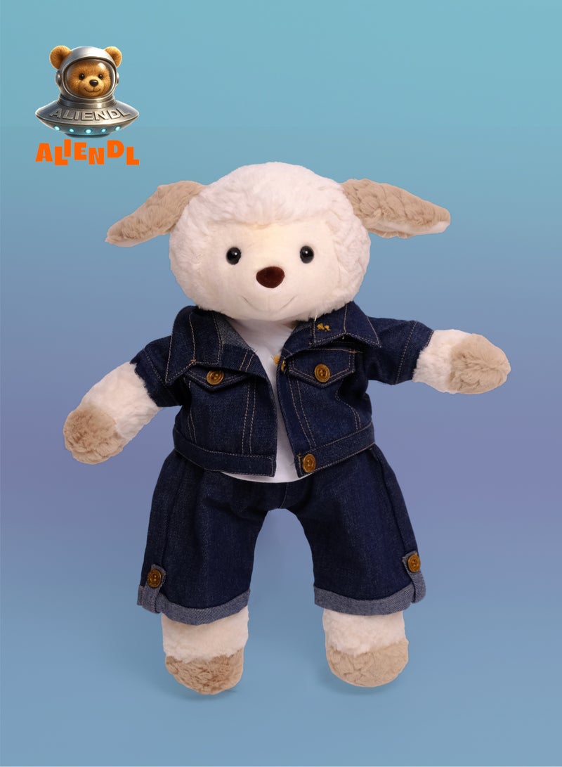 ALIENDL Happy Lamb – Plush Lamb Sheep Stuffed Animal Toy for Baby Kids, Soft Cute Lamb Doll Gift Set with Removable Denim Outfit & Pouch, Stylish Gift for Kids, Boys & Friends - Image 2