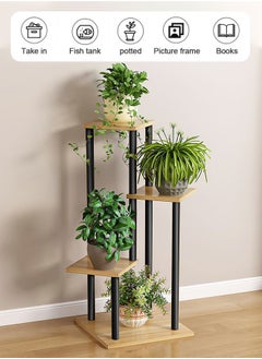 Generic 4 Tier Plant Stand Metal Flower Holder Shelves Multiple Flower Display Rack Holder Planter Organizer for Indoor Outdoor Garden Patio Balcony (4Tier- Black+Light walnut color)  - Image 1