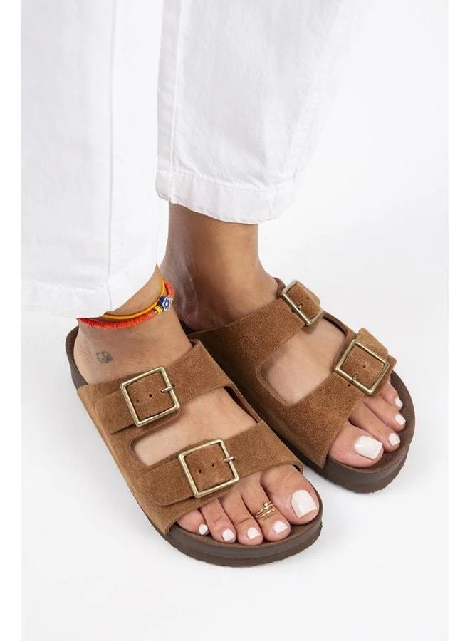 Manijero  Anlelic Women's Genuine Leather Double Buckle Tan Slippers - Brown for Women | Best Price UAE