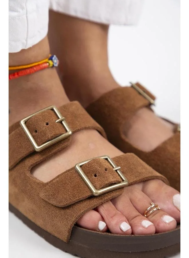Manijero  Anlelic Women's Genuine Leather Double Buckle Tan Slippers - Brown for Women | Best Price UAE