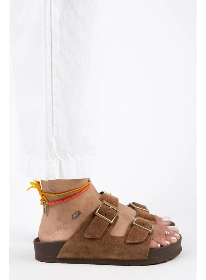 Anlelic Women's Genuine Leather Double Buckle Tan Slippers - Brown