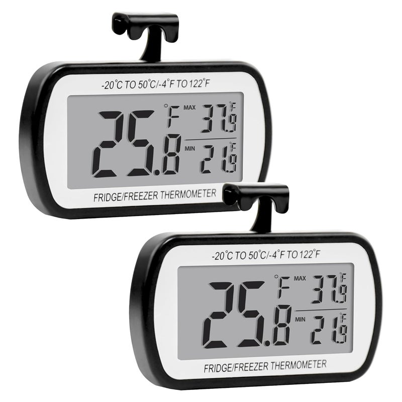 RIY 2 Pack Refrigerator Fridge Thermometer Digital Freezer Room Thermometer Waterproof Large LCD Display Max/Min Record Function-Black - Image 1