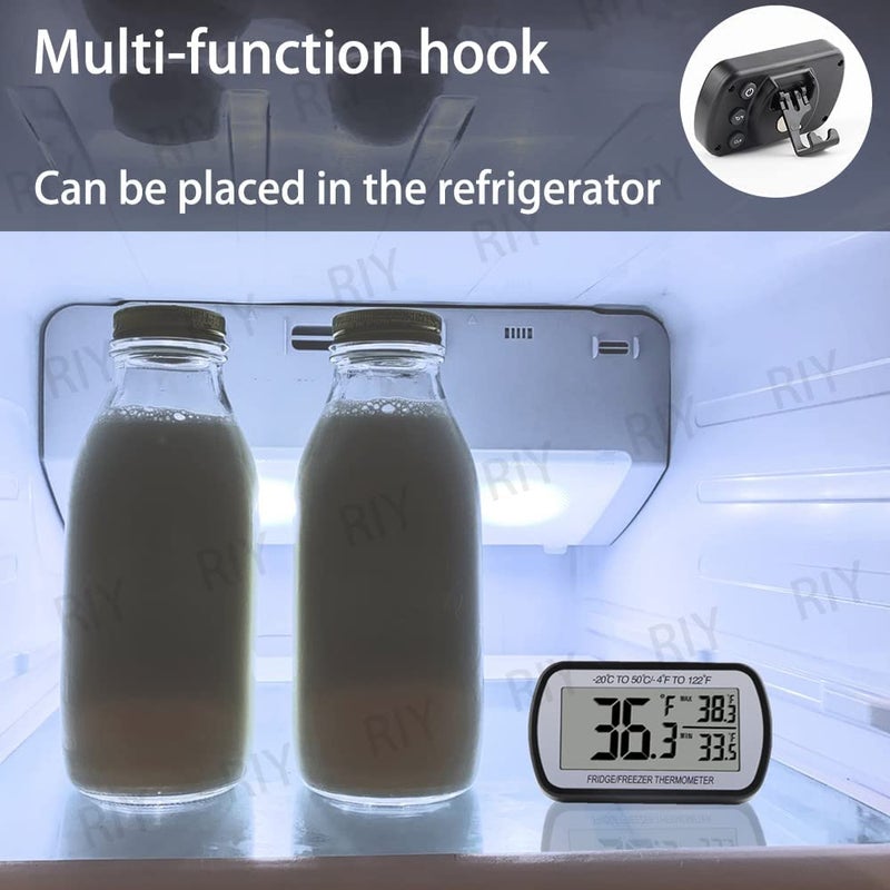 RIY 2 Pack Refrigerator Fridge Thermometer Digital Freezer Room Thermometer Waterproof Large LCD Display Max/Min Record Function-Black - Image 2
