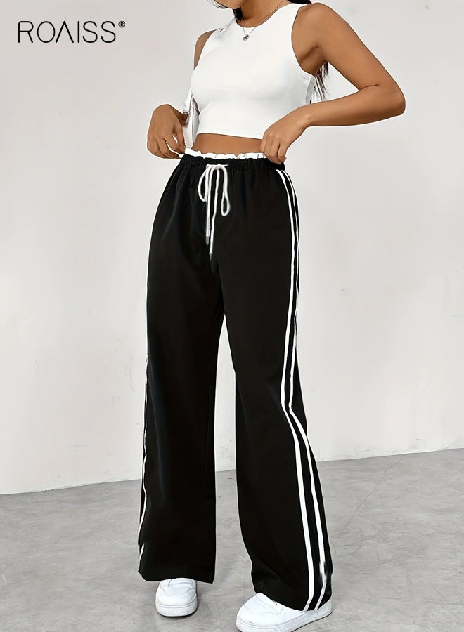 رويس بنطلون نسائي واسع الساق بخصر عالٍ ومقاس كبير بتصميم خطين مع رباط خصر وحزام حبل وجيوب جانبية وقماش عالي المرونة لممارسة اليوجا والتمرين والملابس غير الرسمية - Image 1