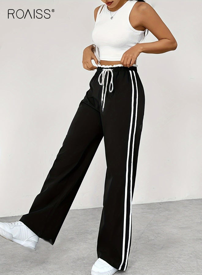 رويس بنطلون نسائي واسع الساق بخصر عالٍ ومقاس كبير بتصميم خطين مع رباط خصر وحزام حبل وجيوب جانبية وقماش عالي المرونة لممارسة اليوجا والتمرين والملابس غير الرسمية - Image 2