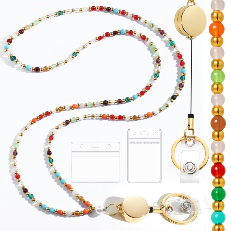 Toykee Lanyards with ID Badges Holder for Teachers Keys - Colorful Beaded Card Holders for Women Necklace Breakaway Lanyard with Holder for Name Tag Cruise Ship - Image 1