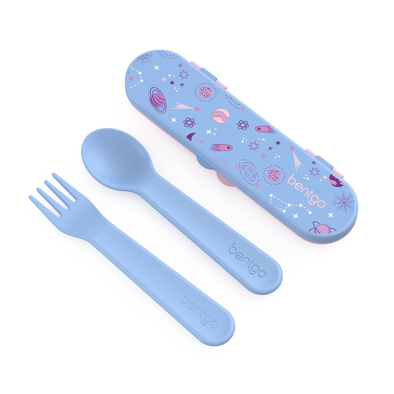 Bentgo Kids Utensil Set - Reusable Plastic Fork, Spoon & Storage Case - BPA-Free Materials, Easy-Grip Handles, Dishwasher Safe - Ideal for School Lunch, Travel, & Outdoors (Lavender Galaxy) - Image 1