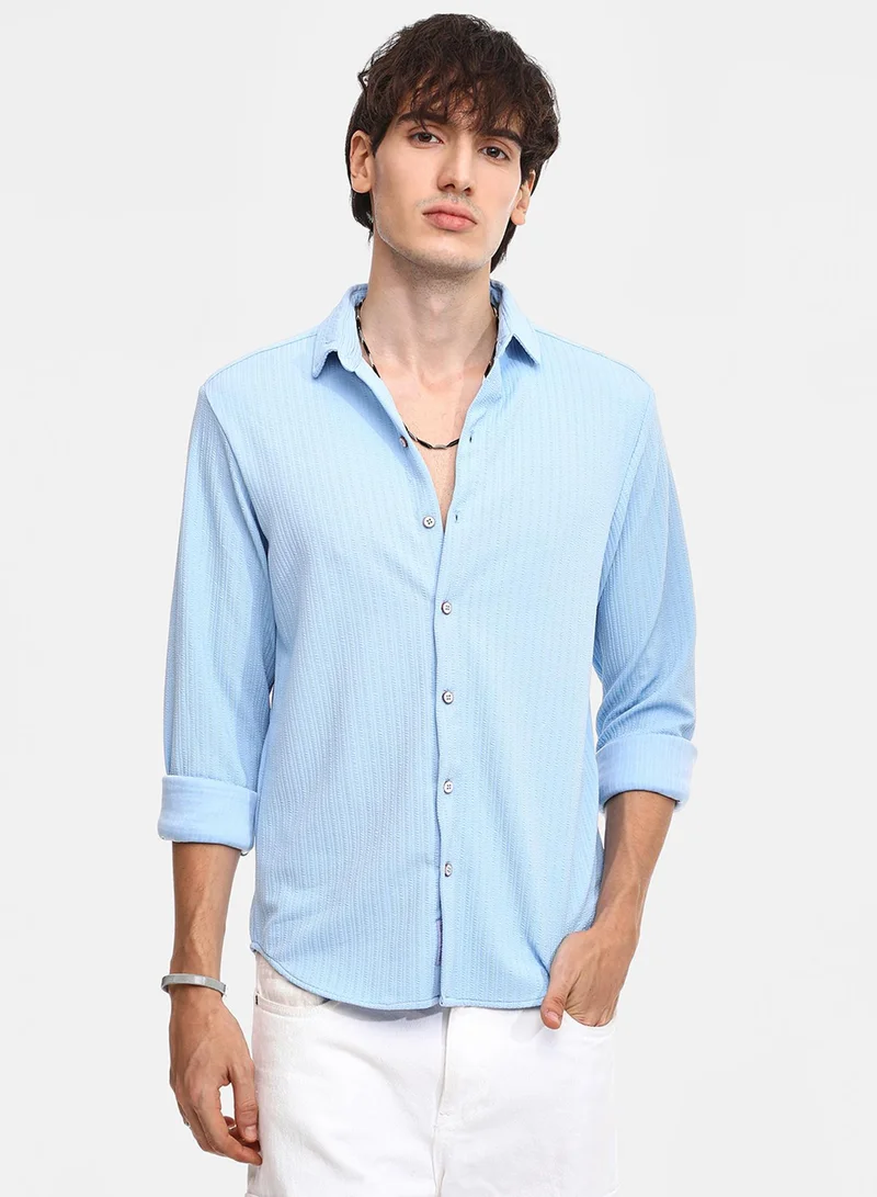 Campus Sutra Men's Baby Blue Stripe-Creased Shirt For Casual Wear | Spread Collar | Long Sleeve | Button Closure | Shirt Crafted With Comfort Fit For Everyday Wear