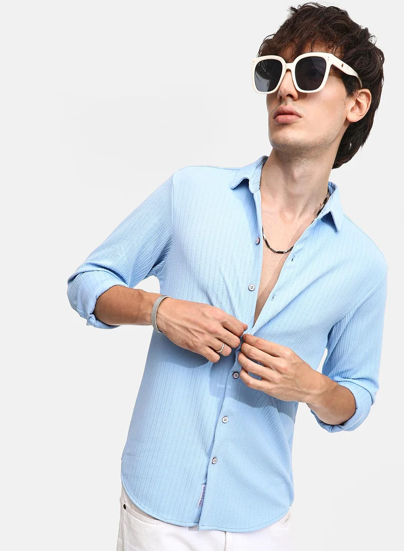 Campus Sutra Men's Baby Blue Stripe-Creased Shirt For Casual Wear | Spread Collar | Long Sleeve | Button Closure | Shirt Crafted With Comfort Fit For Everyday Wear