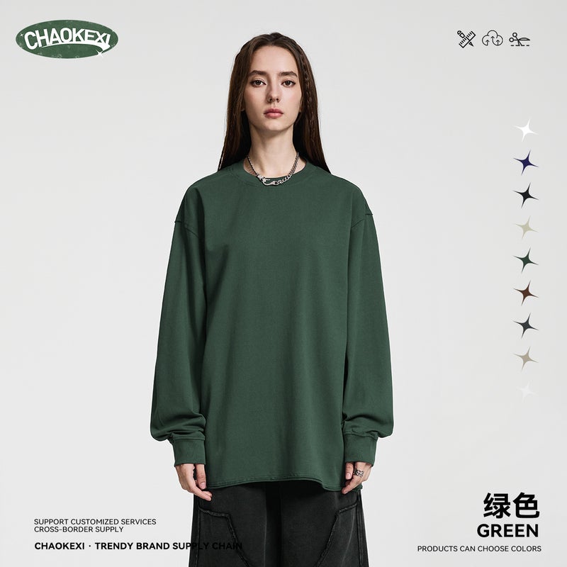 Autumn American high street solid color heavyweight 305g pure cotton short-sleeved loose long-sleeved basic men's and women's small neckline men's clothing - Image 5