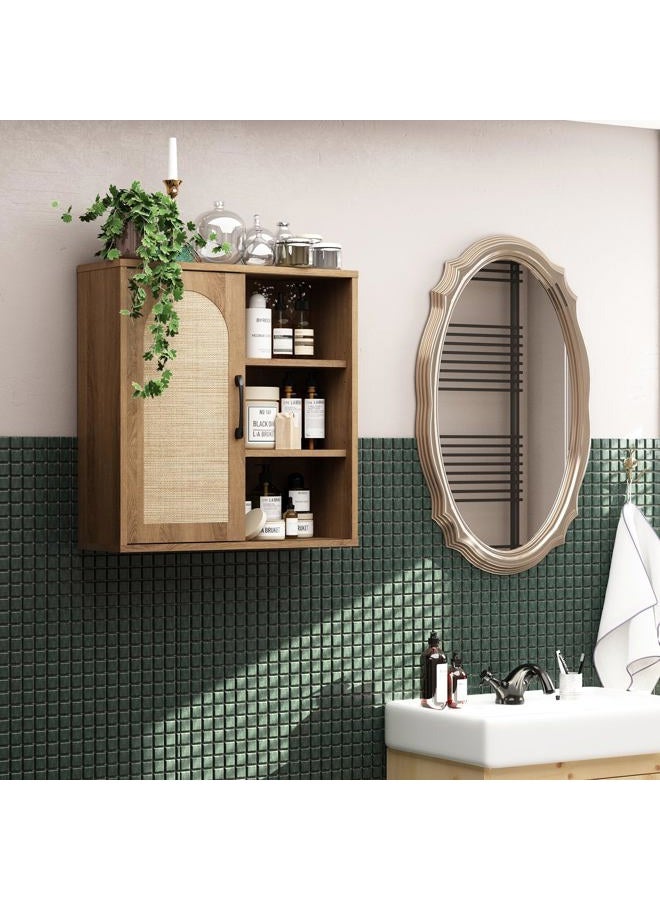RUSTOWN Boho Rattan Wall Cabinet, Midcentury Bathroom Cabinet with Sliding Door, Adjustable Shelves, Over The Toilet Storage Cabinet (Rustic Oak) - Image 2