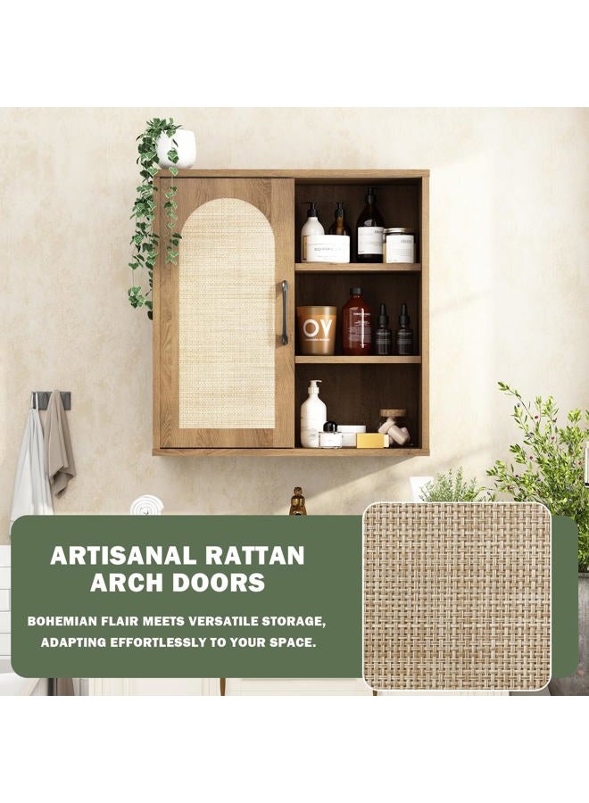 RUSTOWN Boho Rattan Wall Cabinet, Midcentury Bathroom Cabinet with Sliding Door, Adjustable Shelves, Over The Toilet Storage Cabinet (Rustic Oak) - Image 5