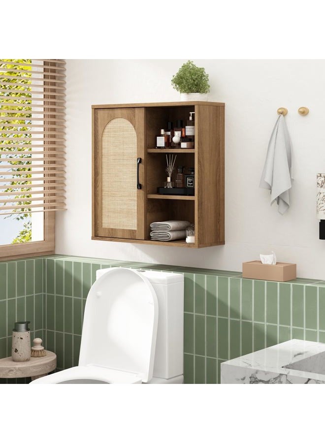 RUSTOWN Boho Rattan Wall Cabinet, Midcentury Bathroom Cabinet with Sliding Door, Adjustable Shelves, Over The Toilet Storage Cabinet (Rustic Oak) - Image 4