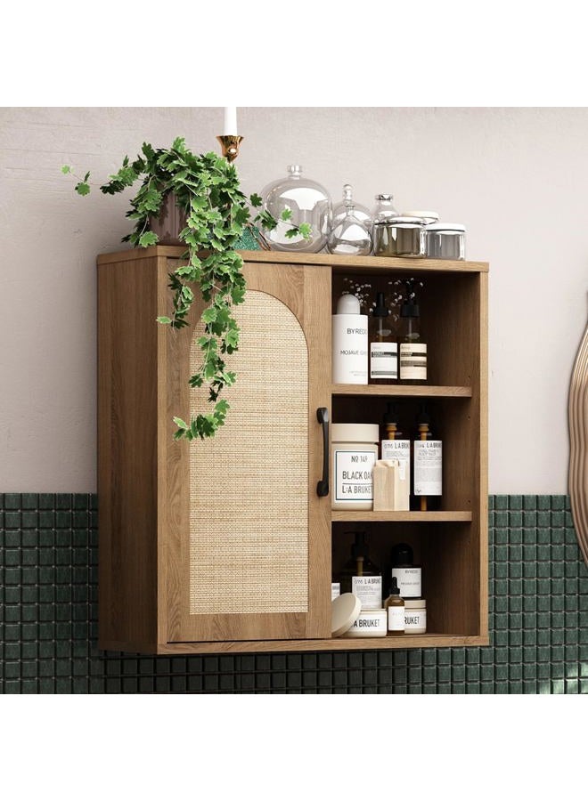 RUSTOWN Boho Rattan Wall Cabinet, Midcentury Bathroom Cabinet with Sliding Door, Adjustable Shelves, Over The Toilet Storage Cabinet (Rustic Oak) - Image 1