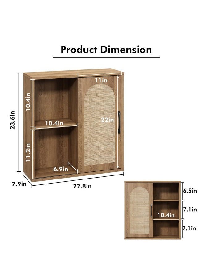 RUSTOWN Boho Rattan Wall Cabinet, Midcentury Bathroom Cabinet with Sliding Door, Adjustable Shelves, Over The Toilet Storage Cabinet (Rustic Oak) - Image 3