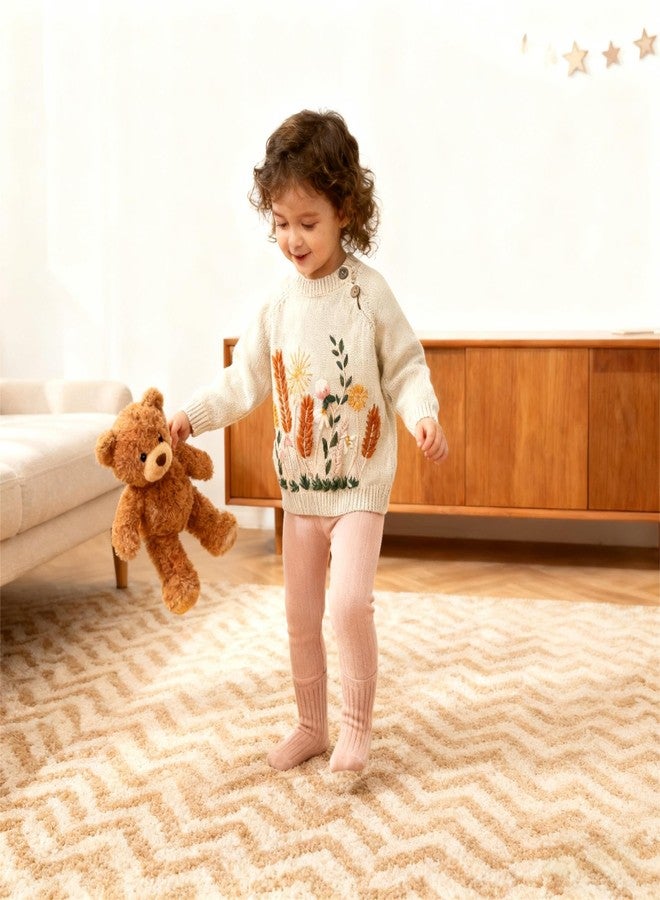 Lamgool Baby Toddler Girls Sweater Knitted Pullover Button Vintage Floral Embroidered Kids Sweatshirt for Fall Spring 3T Apricot - Image 2