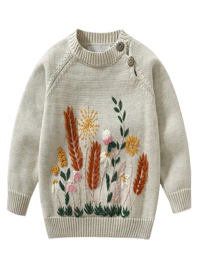 Lamgool Baby Toddler Girls Sweater Knitted Pullover Button Vintage Floral Embroidered Kids Sweatshirt for Fall Spring 3T Apricot - Image 1