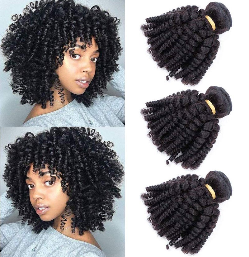 VIOLET Brazilian Human Hair Funmi Curly Hair 3 Bundles 12inches Same Size Unprocessed Virgin Hair Afro Kinky Curly Fummi Bouncy Curly Hair Weave Weft Extensions 12 Inch Natural Black
