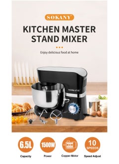 sokany 6.5L 1200W Electric Stand Mixer 10 Speeds Control with Pulse, S/S Bowl, 3 Types Of Tools Beater, Balloon Whisk, Dough Hook, Removable S/S bowl SK-270 Black  - Image 2