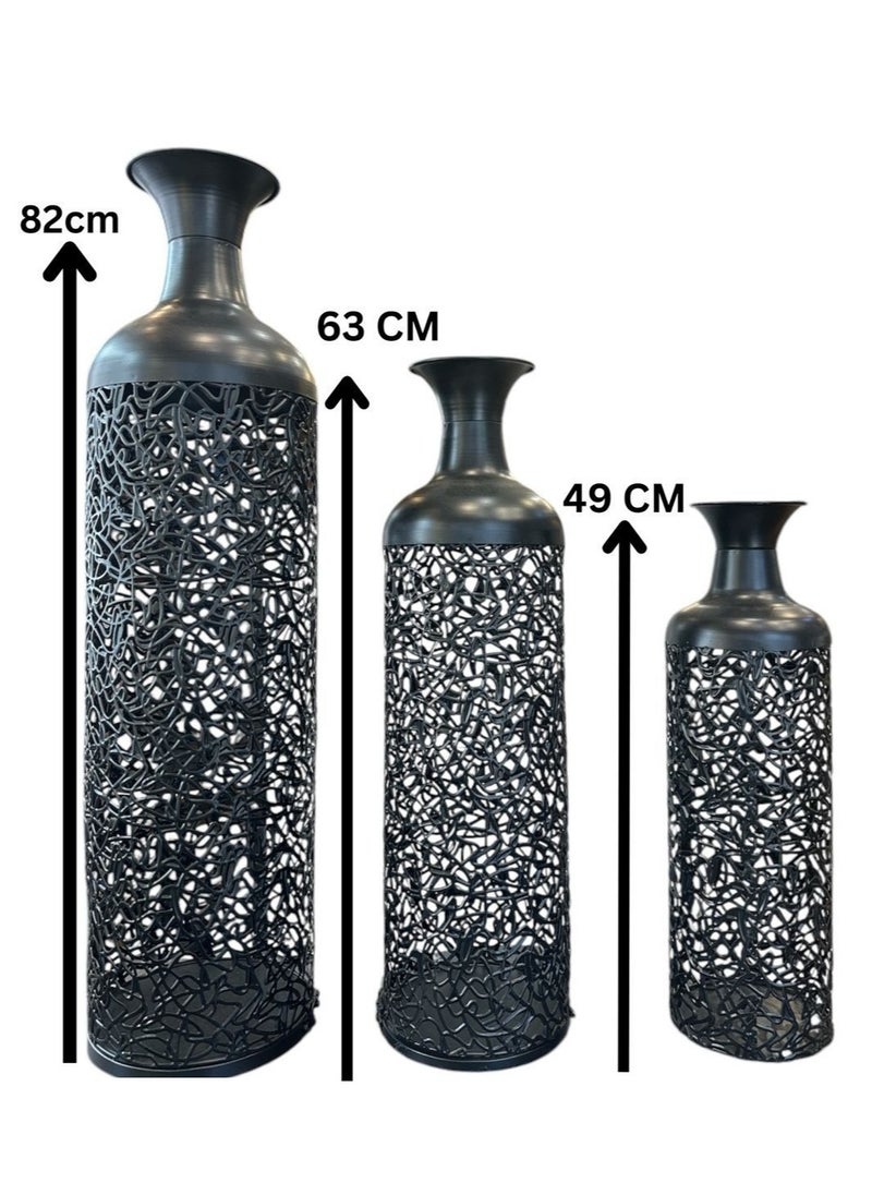 Roman Gifts Metal Decorative Vase Abstract Patterned Centerpiece Vases with Open Frame Design, Set of 3 Vases for Home Decoration 