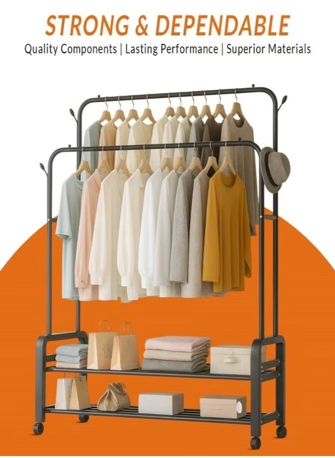BUYCO Heavy Duty Rolling Garment Rack Double Rail Clothes Organizer with Storage Shelves, Lockable Wheels, Strong Metal Frame Portable Closet for Home & Office - Image 2