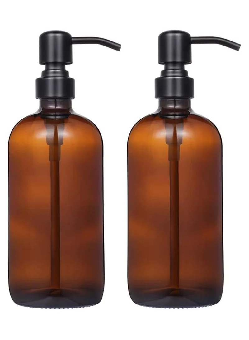 كويزيرا عبوتان من موزع الصابون الزجاجي السميك باللون الكهرماني مع مضخة من الفولاذ المقاوم للصدأ باللون الأسود غير اللامع، زجاجات مستديرة/موزع سعة 16 أونصة مع مضخة مقاومة للصدأ للزيوت، وصابون اللوشن