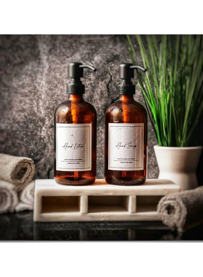 كويزيرا عبوتان من موزع الصابون الزجاجي السميك باللون الكهرماني مع مضخة من الفولاذ المقاوم للصدأ باللون الأسود غير اللامع، زجاجات مستديرة/موزع سعة 16 أونصة مع مضخة مقاومة للصدأ للزيوت، وصابون اللوشن